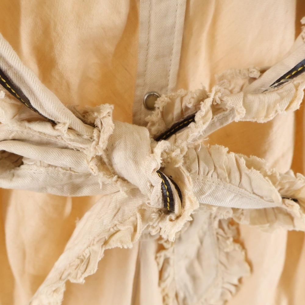 DSQUARED2(ディースクエアード) リネン レザーコード刺繍 カットオフ フリル スナップボタン パフスリーブ 半袖 ロング フレア ワンピース ベージュ レディース 73CT030PPT