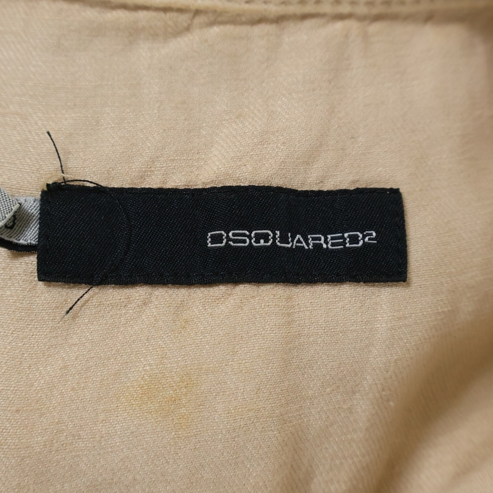 DSQUARED2(ディースクエアード) リネン レザーコード刺繍 カットオフ フリル スナップボタン パフスリーブ 半袖 ロング フレア ワンピース ベージュ レディース 73CT030PPT