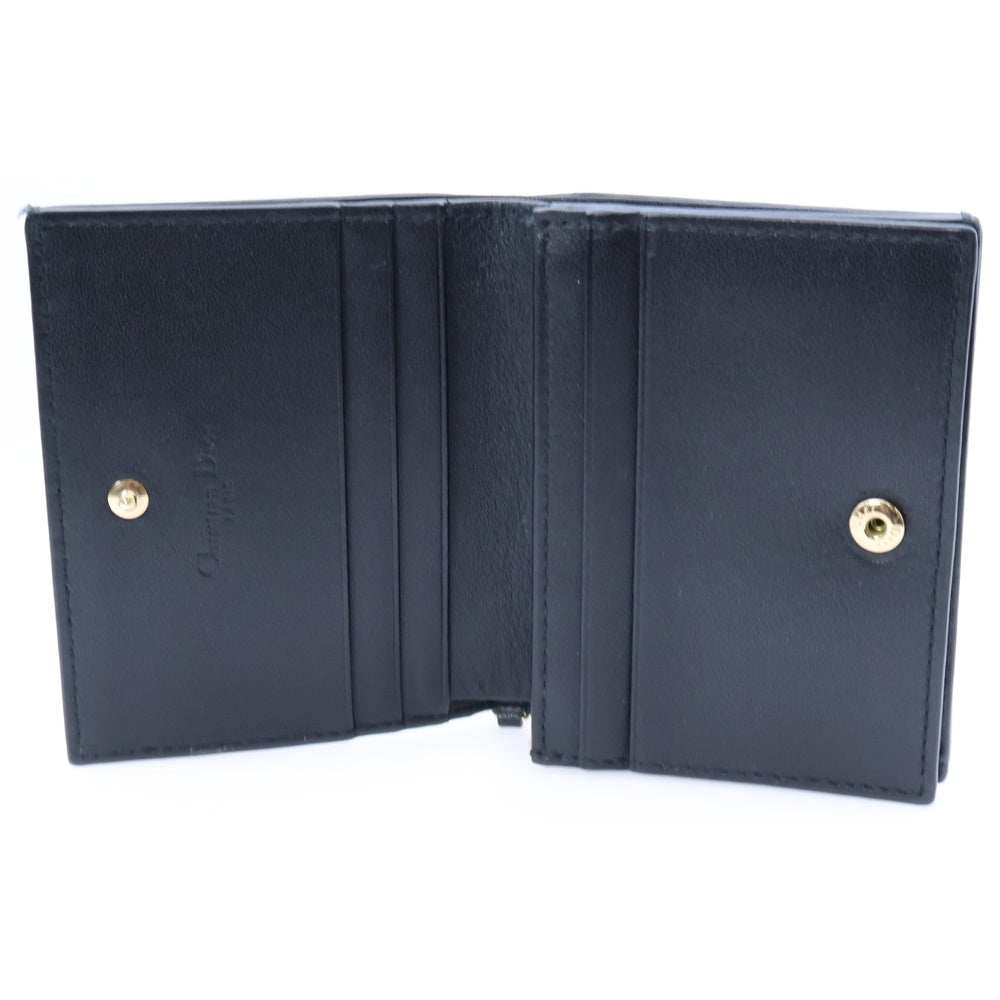 Christian Dior(クリスチャンディオール) カナージュ 二つ折り財布 コンパクトウォレット コインケース ブラック ラムスキン ゴールド金具 チャーム