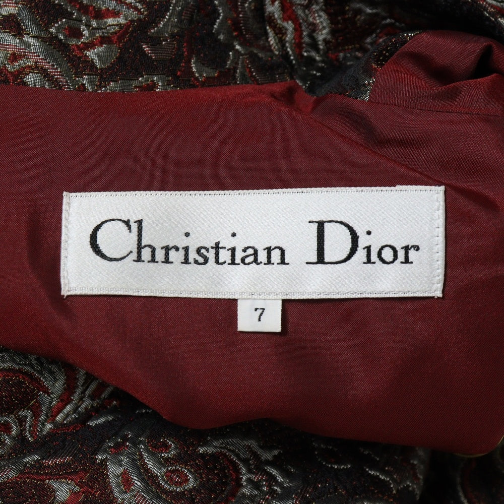 Christian Dior(クリスチャンディオール) ペイズリー総柄 ウール シルク ジャガード ノーカラー 半袖 ミディアムワンピース ドレス ボルドー レディース MD06D8010