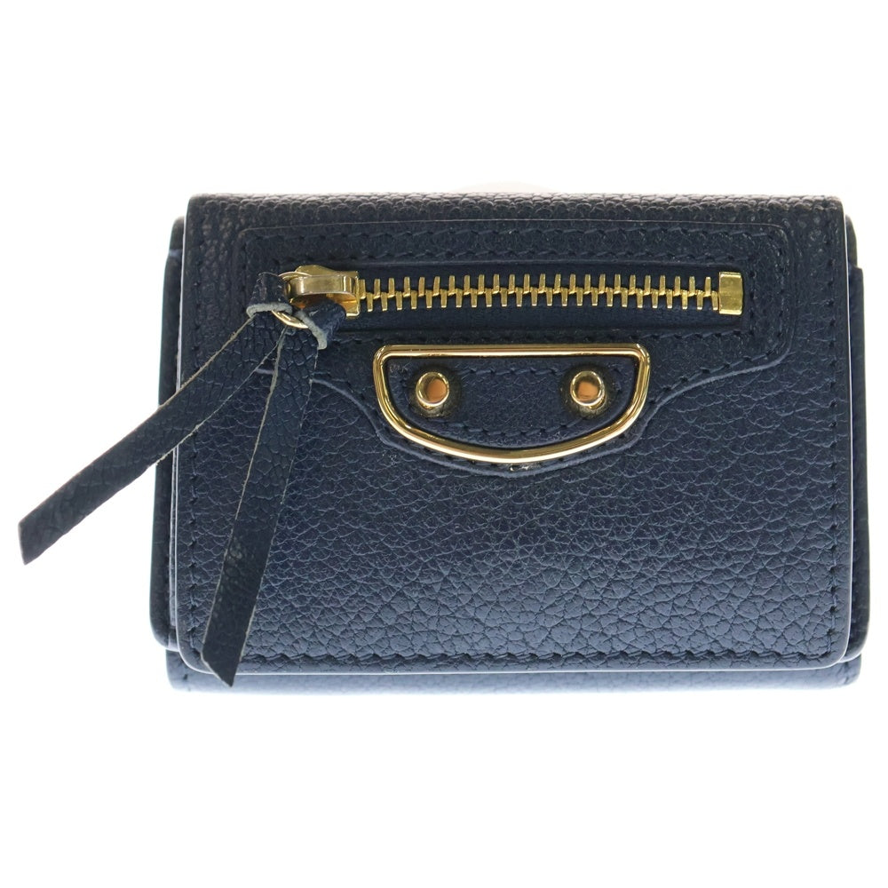 BALENCIAGA(バレンシアガ) 三つ折り財布 エッジシティ ミニウォレット コンパクトウォレット 三つ折り財布 ネイビー レザー 470059 ゴールド金具