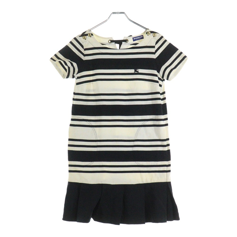 BURBERRY BLUE LABEL(バーバリーブルーレーベル) ワンポイントロゴ刺繍 ボーダー総柄 半袖 ミディアムワンピース ホワイト/ブラック レディース