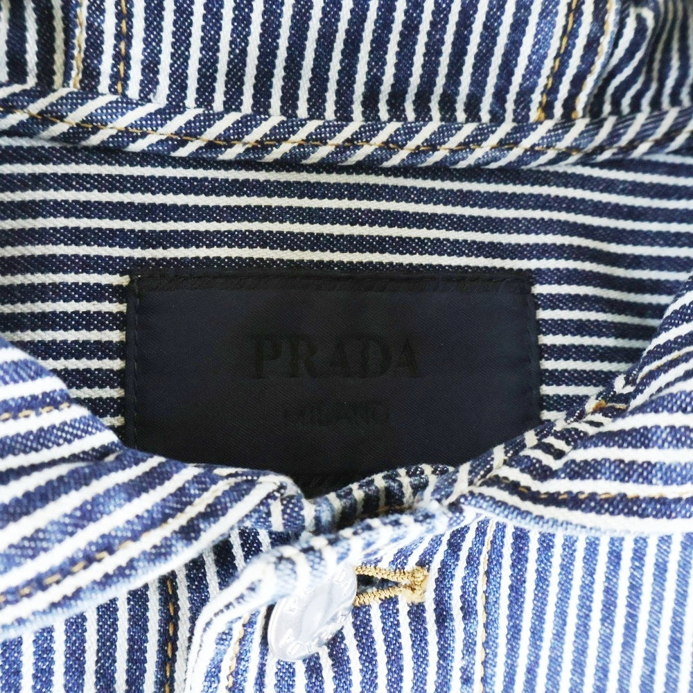 PRADA(プラダ) トライアングルロゴ ストライプコットンフードシャツジャケット ホワイト/ブルー GEC106