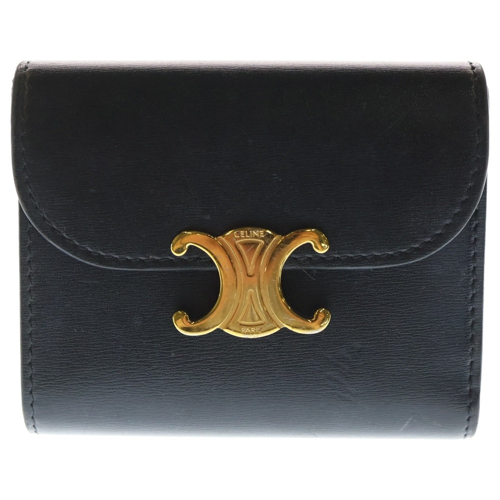 CELINE(セリーヌ) トリオンフ スモールフラップウォレット 三つ折り財布 コンパクトウォレット コインケース ブラック レザー ゴールド金具