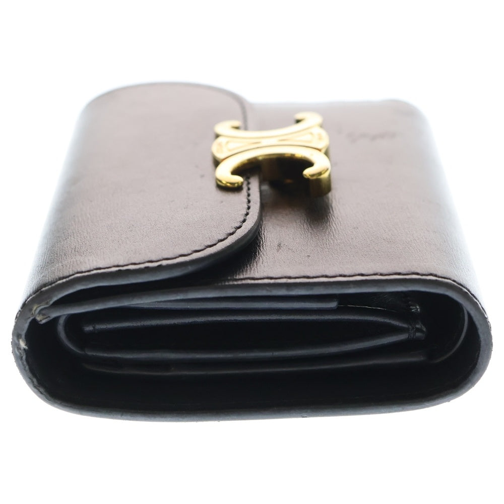 CELINE(セリーヌ) トリオンフ スモールフラップウォレット 三つ折り財布 コンパクトウォレット コインケース ブラック レザー ゴールド金具