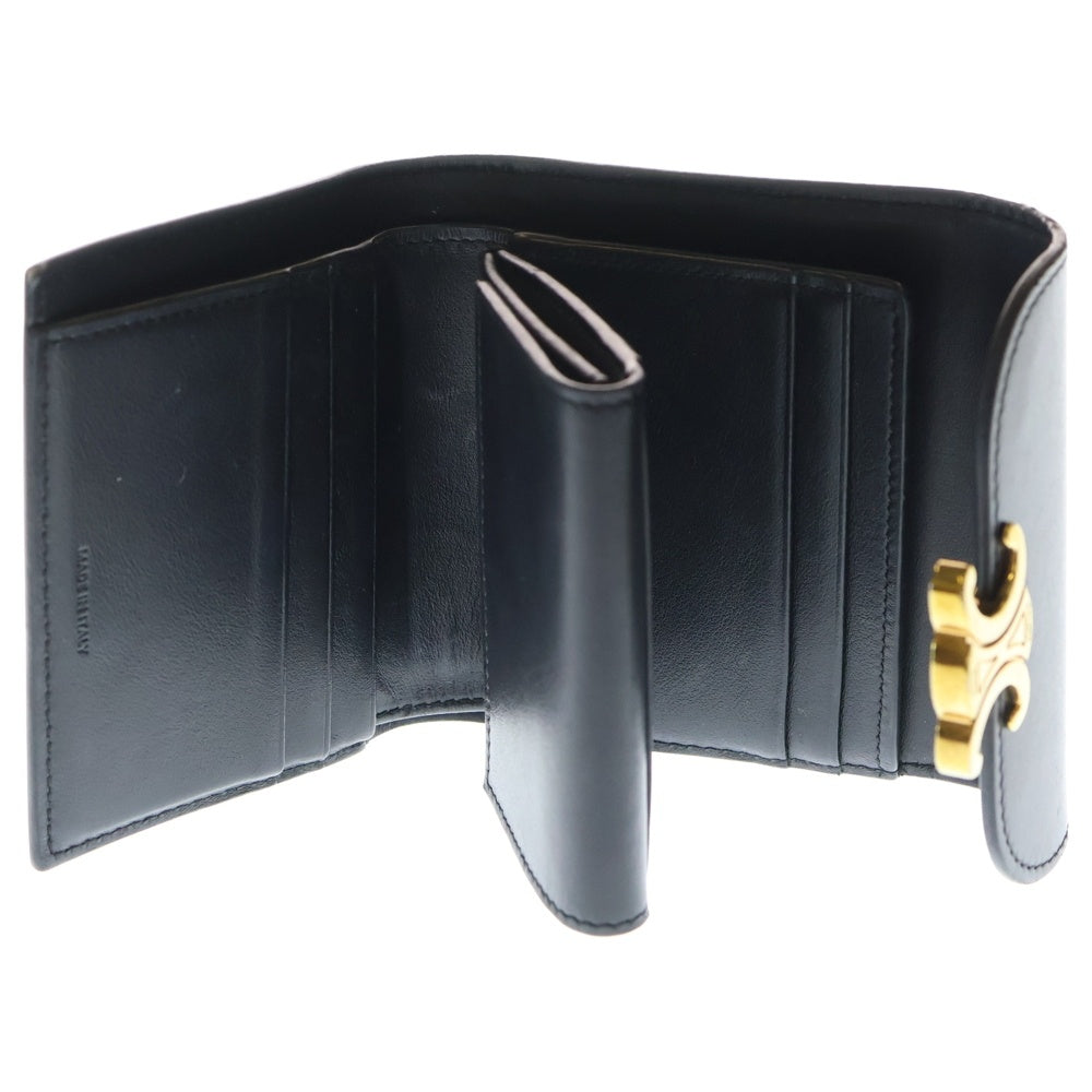 CELINE(セリーヌ) トリオンフ スモールフラップウォレット 三つ折り財布 コンパクトウォレット コインケース ブラック レザー ゴールド金具