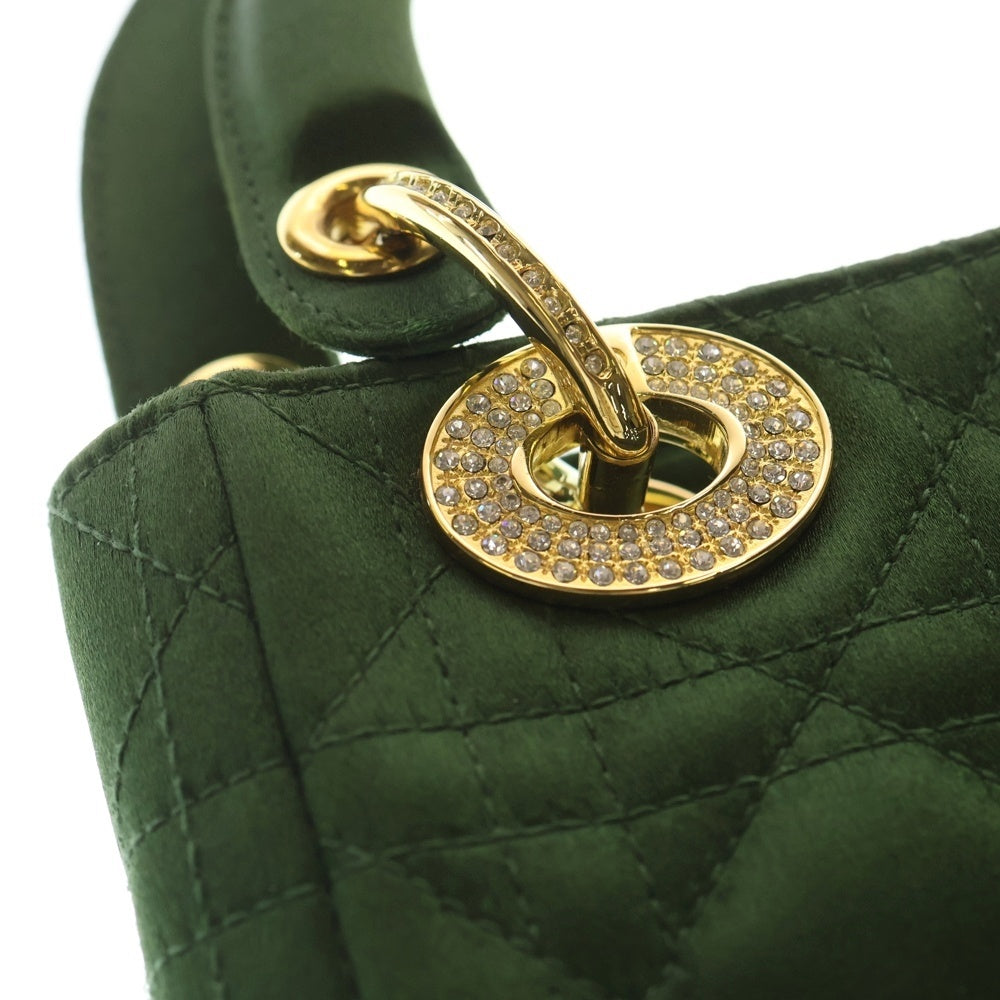 Christian Dior(クリスチャンディオール) レディディオールミニ カナージュ ハンドバッグ グリーン サテン ラインストーン ゴールド金具 レディース