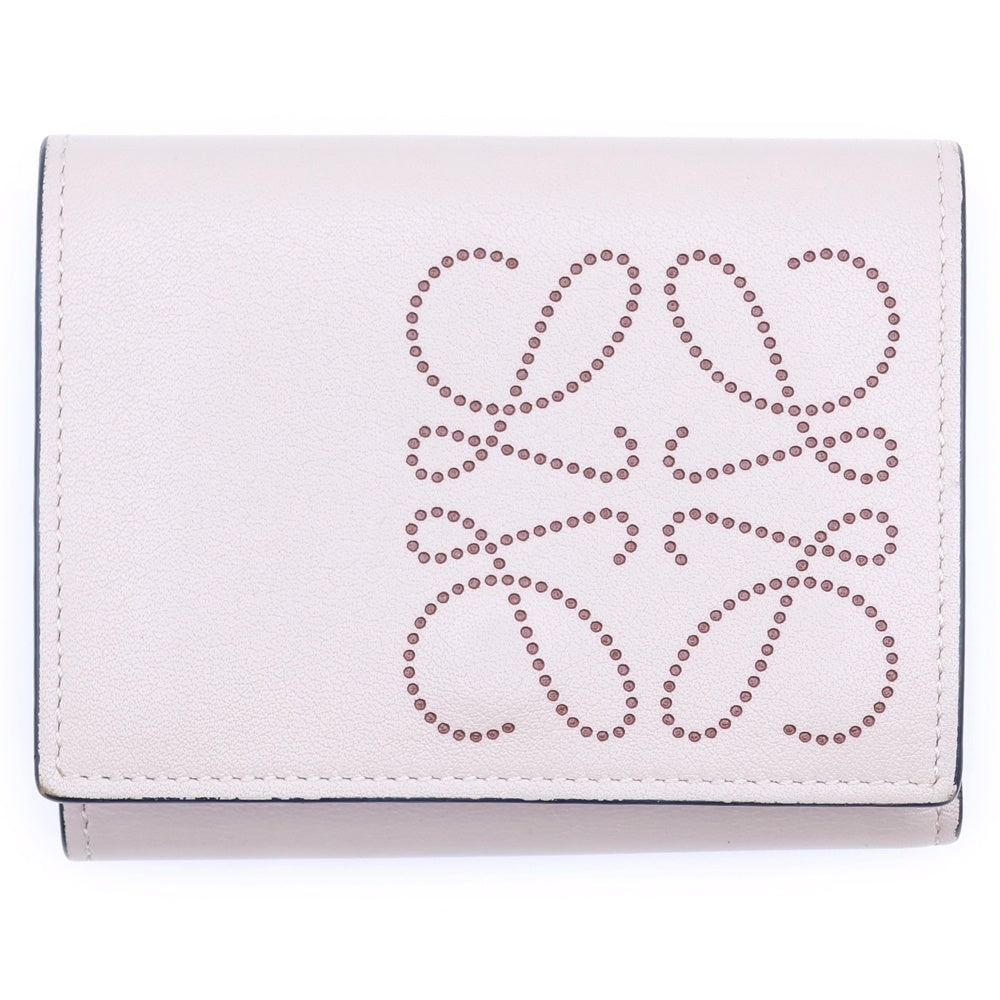 LOEWE(ロエベ) アナグラム トライフォールド 三つ折り財布 コンパクトウォレット コインケース ベージュ レザー シルバー金具 レディース