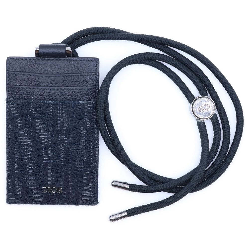 Christian Dior(クリスチャンディオール) オブリーク パスケース カードケース ショルダー 首掛け ブラック レザー×キャンバス シルバー金具 レディース