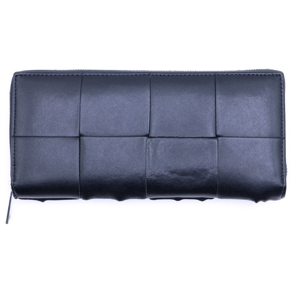 BOTTEGA VENETA(ボッテガヴェネタ) マキシイントレチャート カセット ロングウォレット ラウンドファスナー 長財布 ブラック レザー シルバー金具 レディース