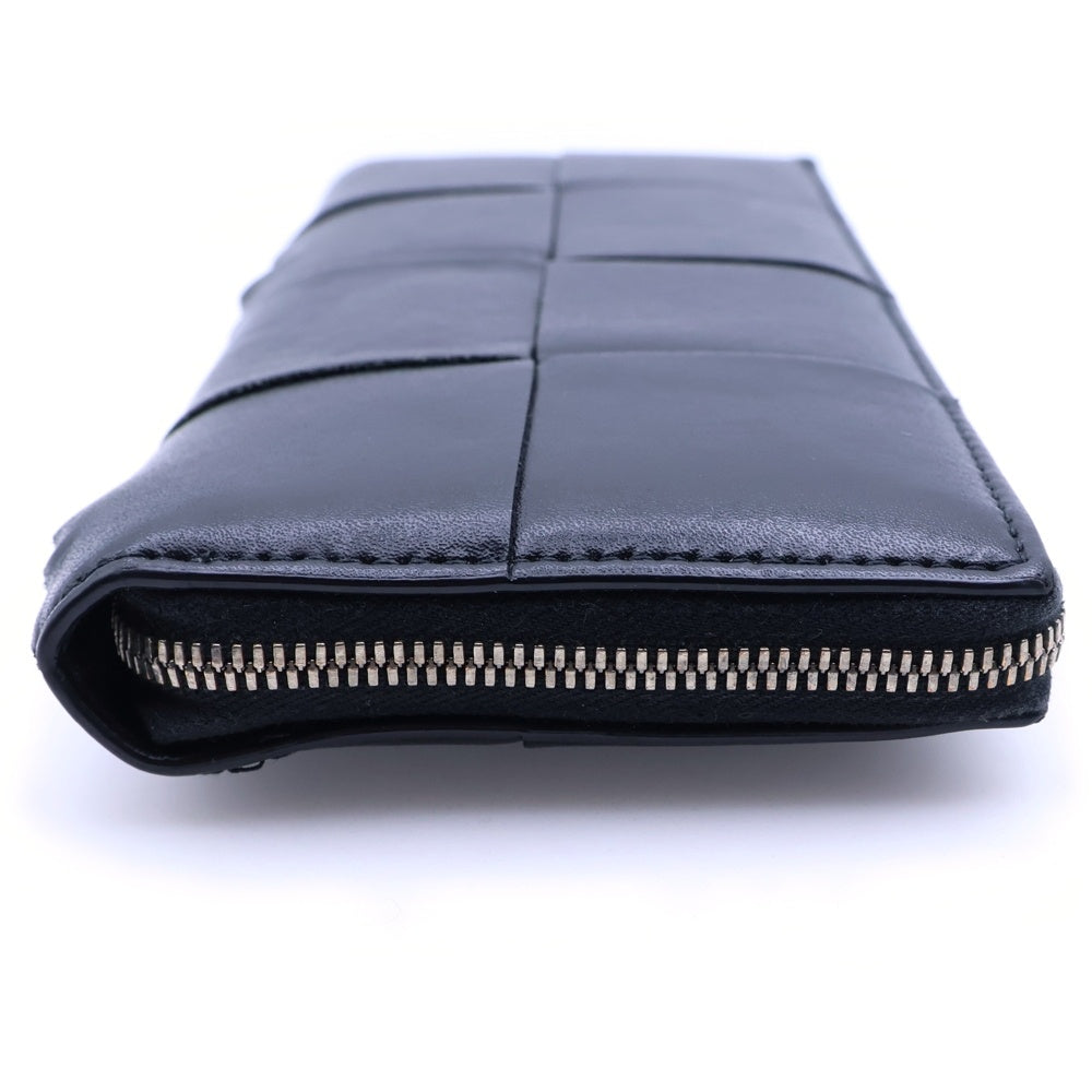 BOTTEGA VENETA(ボッテガヴェネタ) マキシイントレチャート カセット ロングウォレット ラウンドファスナー 長財布 ブラック レザー シルバー金具 レディース