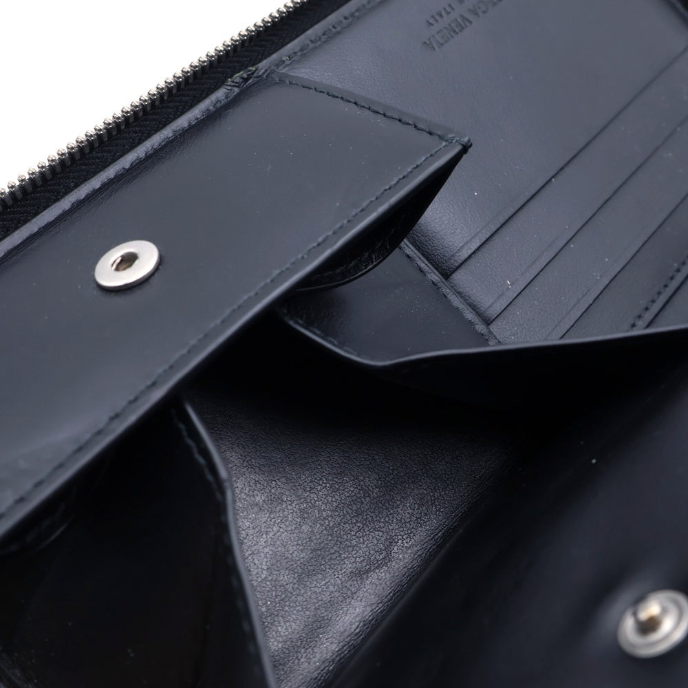 BOTTEGA VENETA(ボッテガヴェネタ) マキシイントレチャート カセット ロングウォレット ラウンドファスナー 長財布 ブラック レザー シルバー金具 レディース