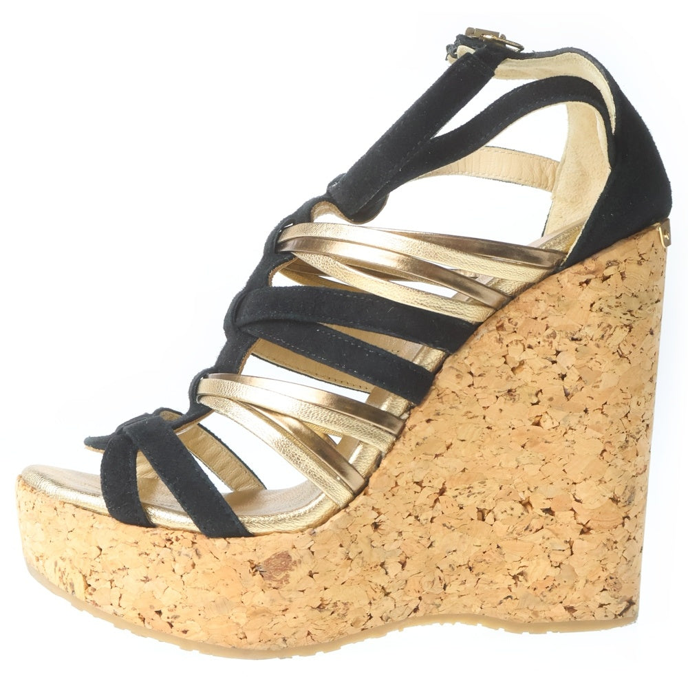 JIMMY CHOO(ジミーチュウ) スエード コンビレザー ウェッジソール ヒールサンダル ブラック/ゴールド レディース