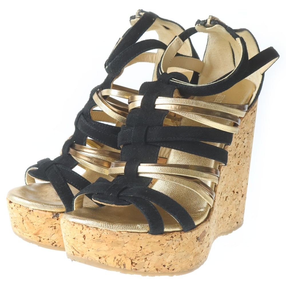 JIMMY CHOO(ジミーチュウ) スエード コンビレザー ウェッジソール ヒールサンダル ブラック/ゴールド レディース
