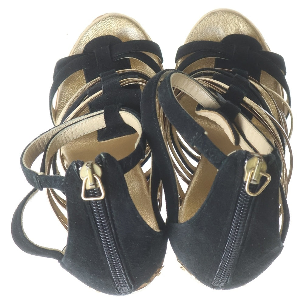 JIMMY CHOO(ジミーチュウ) スエード コンビレザー ウェッジソール ヒールサンダル ブラック/ゴールド レディース