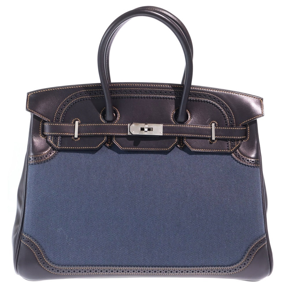 HERMES(エルメス) バーキン35ギリーズ ハンドバッグ トワルアッシュ エバーカラー デニムフォンセ シルバー金具 インディゴ/ブラック □P刻印 レディース