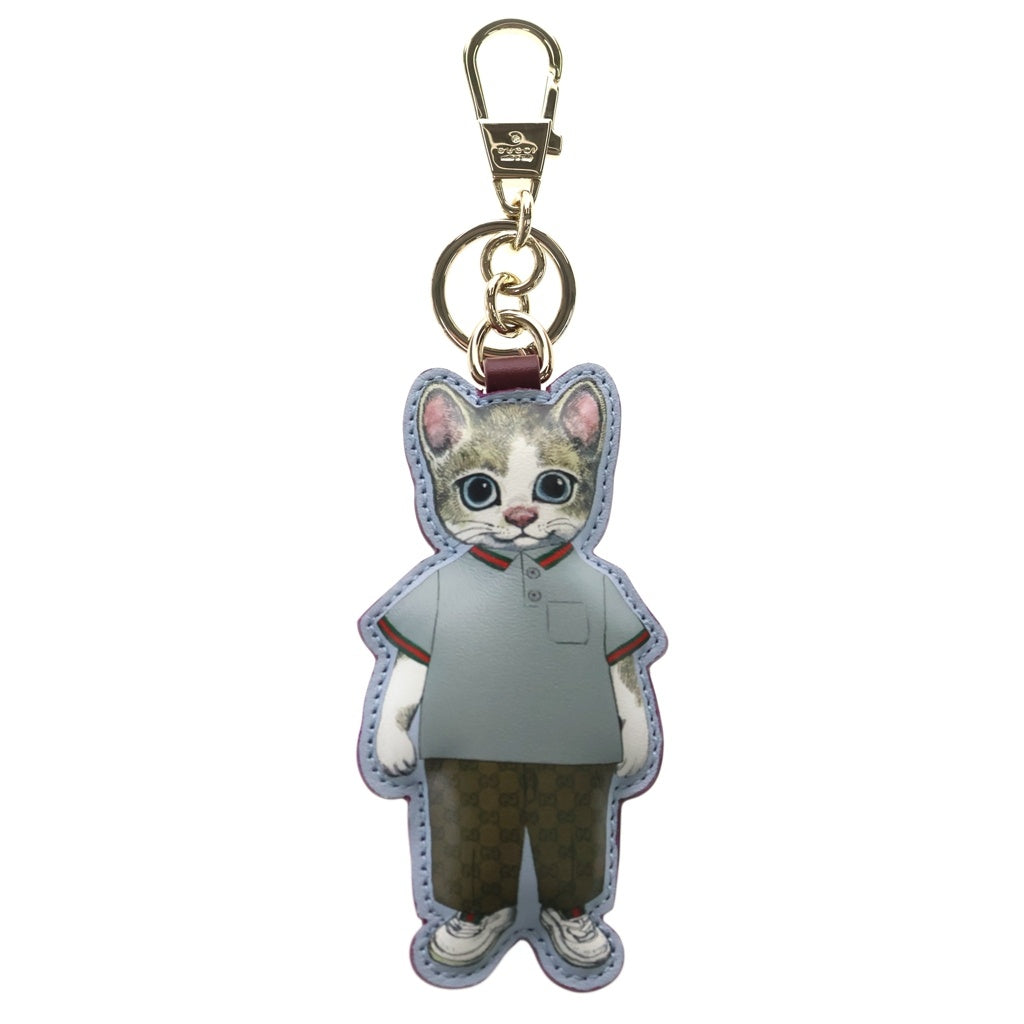 GUCCI(グッチ) キーチャーム ヒグチユウコ 猫 ボリス BORIS 日本限定 バッグチャーム キーホルダー キーリング ブルー レザー 851742 ゴールド金具 レディース