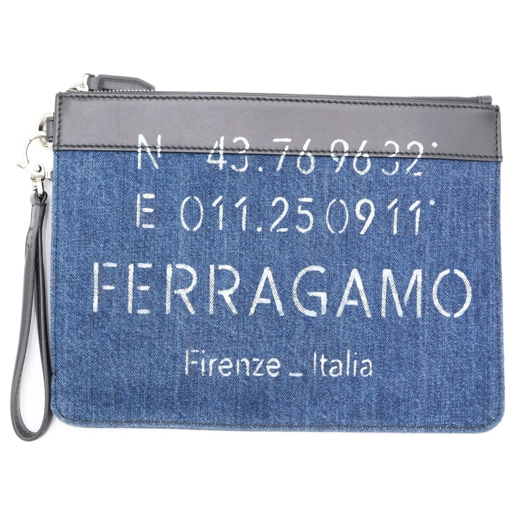 Salvatore Ferragamo(サルヴァトーレ フェラガモ) ガンチーニ デニム レザー クラッチ セカンドバッグ シルバー金具 インディゴ/ブラック 24A134