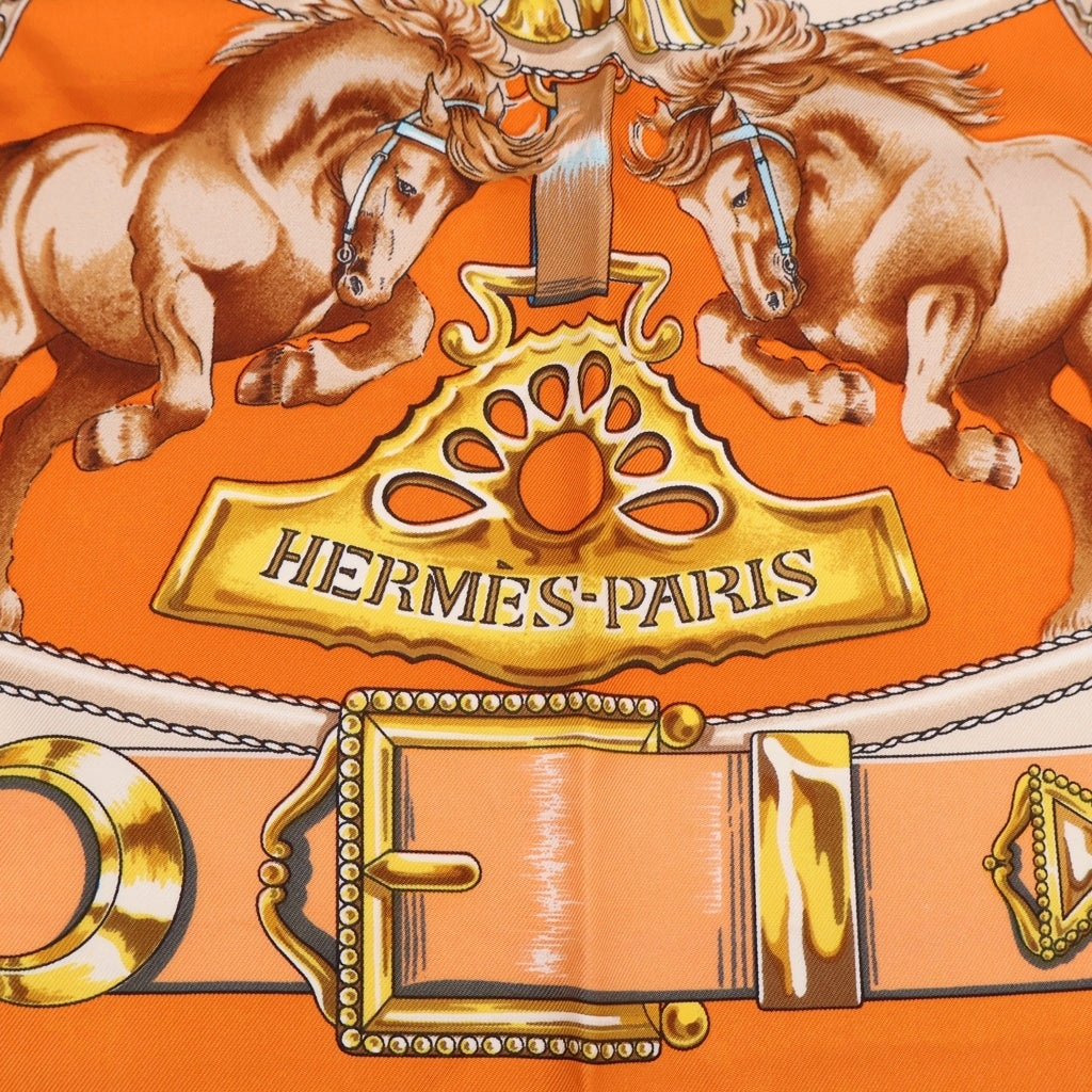 HERMES(エルメス) ■カレ90 CHEVAUX DE TRAIT 輓馬 オレンジ シルク スカーフ レディース