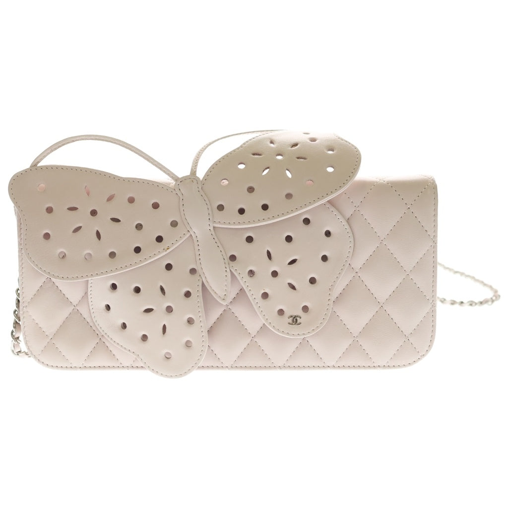 CHANEL(シャネル) バタフライクラッチフラップ ショルダーバッグ ピンク ラムスキン シルバー金具 レディース