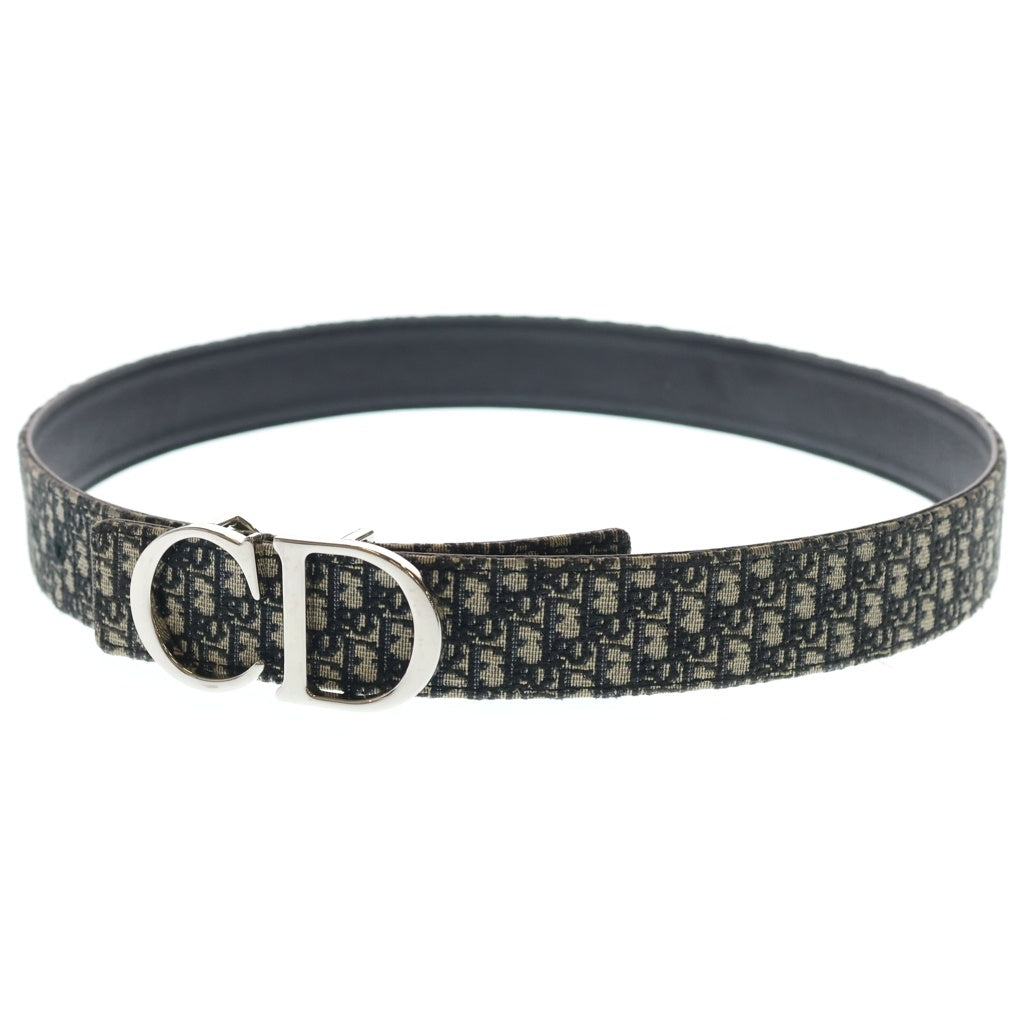 Christian Dior(クリスチャンディオール) CDロゴバックルベルト オブリーク柄 ブラック×ネイビー キャンバス×レザー 23-MA-1213 シルバー金具 レディース