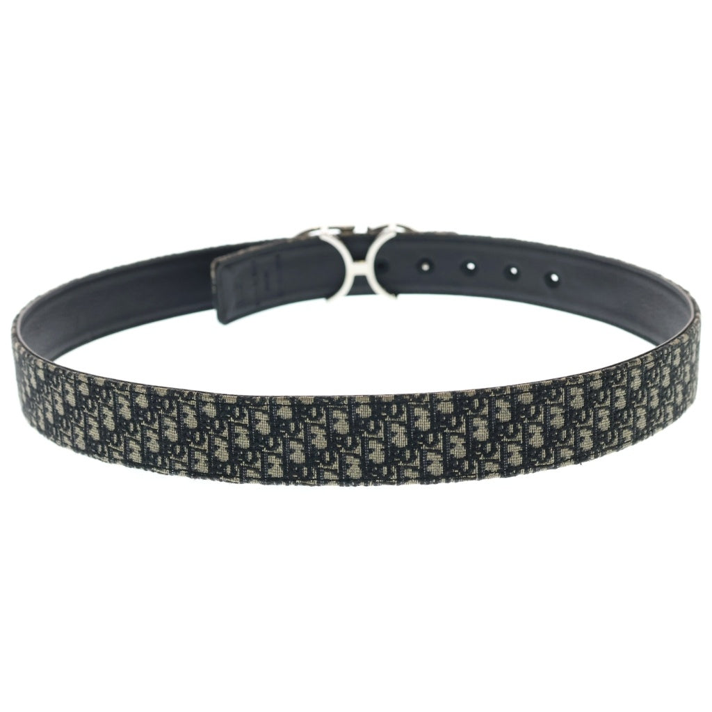 Christian Dior(クリスチャンディオール) CDロゴバックルベルト オブリーク柄 ブラック×ネイビー キャンバス×レザー 23-MA-1213 シルバー金具 レディース