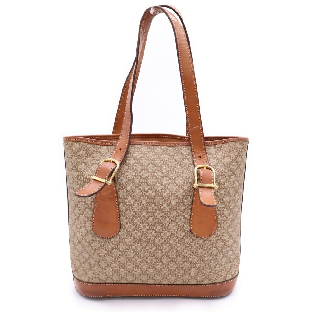 CELINE(セリーヌ) マカダム ハンドバッグ ベージュ レザー×PVC ゴールド金具 レディース