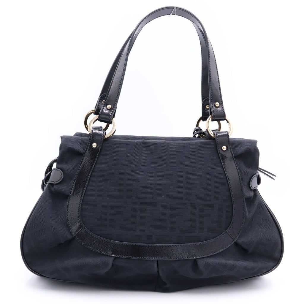 FENDI(フェンディ) ズッカ柄 チャーム付 トートバッグ ハンドバッグ ブラック レザー 8BR628 ゴールド金具 レディース