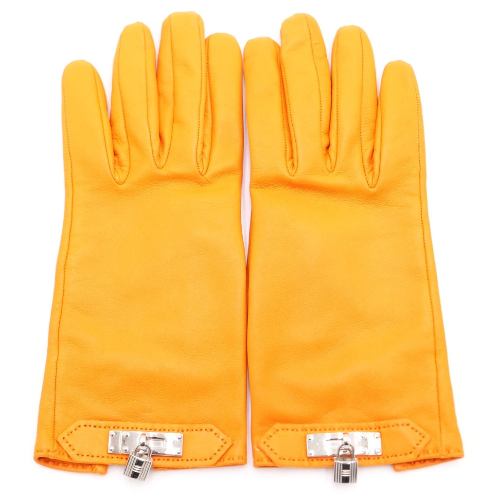 HERMES(エルメス) ケリー バックル カデナ ラムスキン レザー グローブ 手袋 シルバー金具 オレンジ レディース