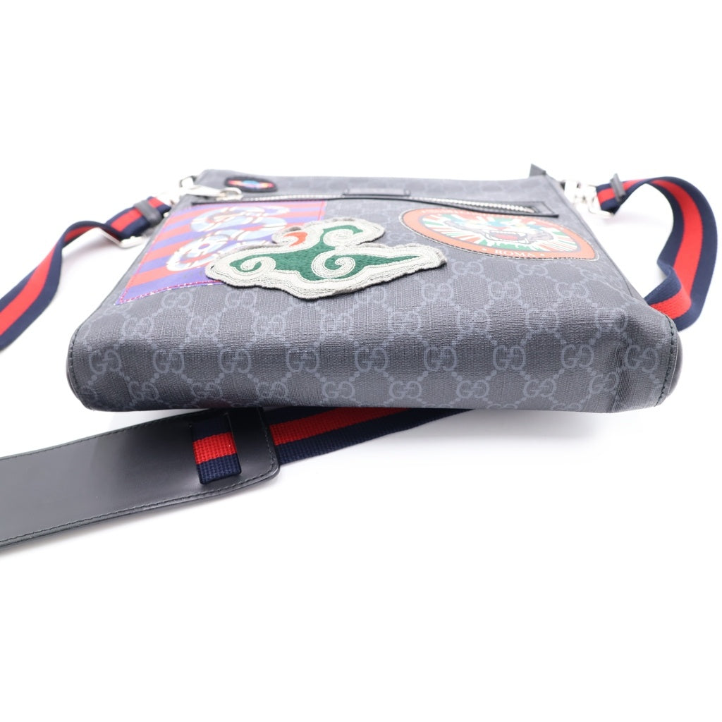 GUCCI(グッチ) GGスプリーム タイガー ワッペン クーリエ メッセンジャーバッグ ショルダーバッグ ブラック キャンバス×レザー 474137 シルバー金具 レディース