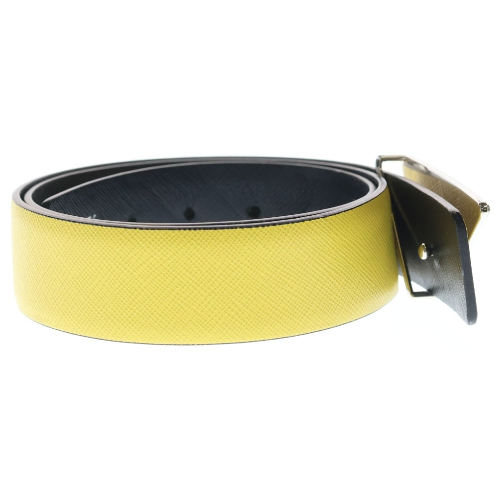 PRADA(プラダ) サフィアーノ トライアングルロゴ リバーシブル レザーベルト メタルバックル付き 34/85 イエロー/ブラック 2CA004/2CF014