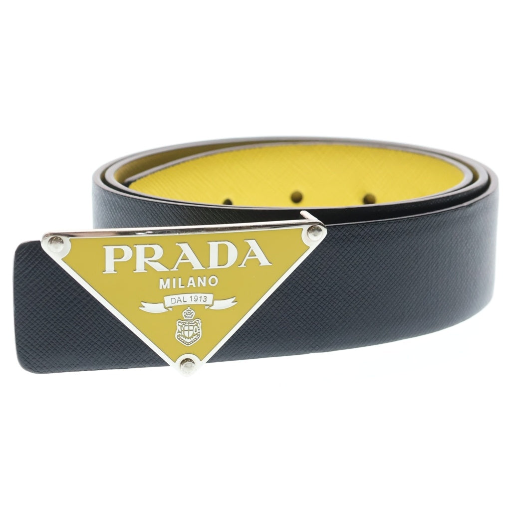 PRADA(プラダ) サフィアーノ トライアングルロゴ リバーシブル レザーベルト メタルバックル付き 34/85 イエロー/ブラック 2CA004/2CF014