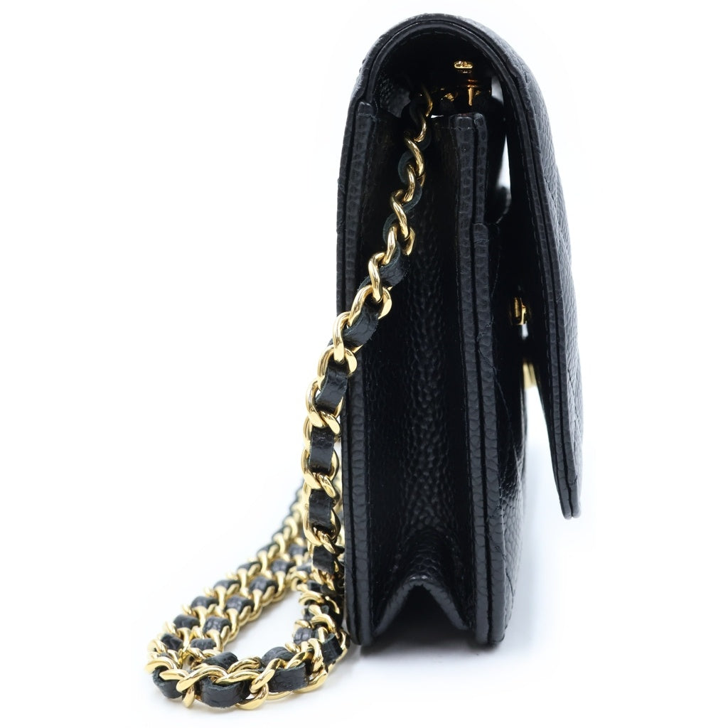 CHANEL(シャネル) マトラッセ キャビアスキン レザー チェーンウォレット ショルダーバッグ ゴールド金具 ブラック プレート AP0250 レディース