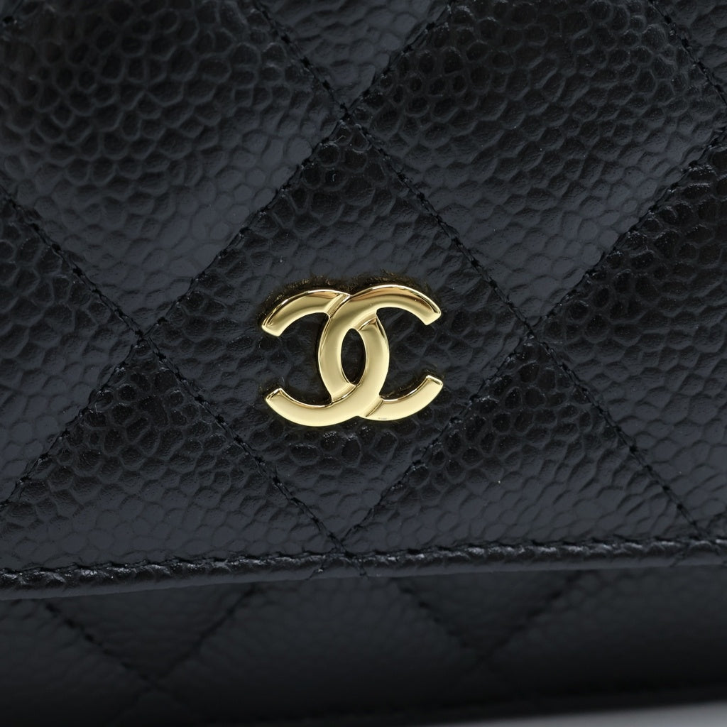 CHANEL(シャネル) マトラッセ キャビアスキン レザー チェーンウォレット ショルダーバッグ ゴールド金具 ブラック プレート AP0250 レディース
