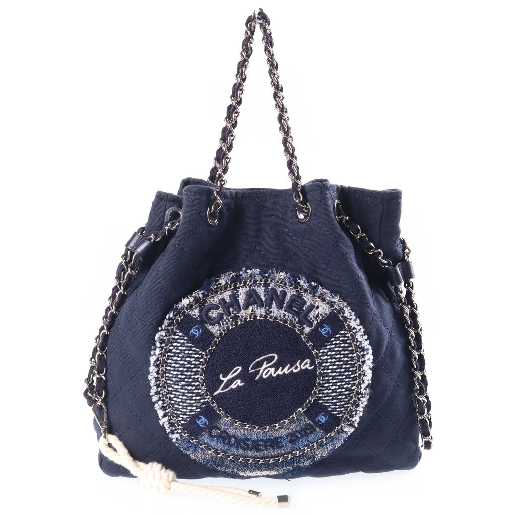 CHANEL(シャネル) 2019年クルーズコレクション ココマーク チェーン装飾 トート ショルダーバッグ キャンバス ネイビー 27番台 レディース