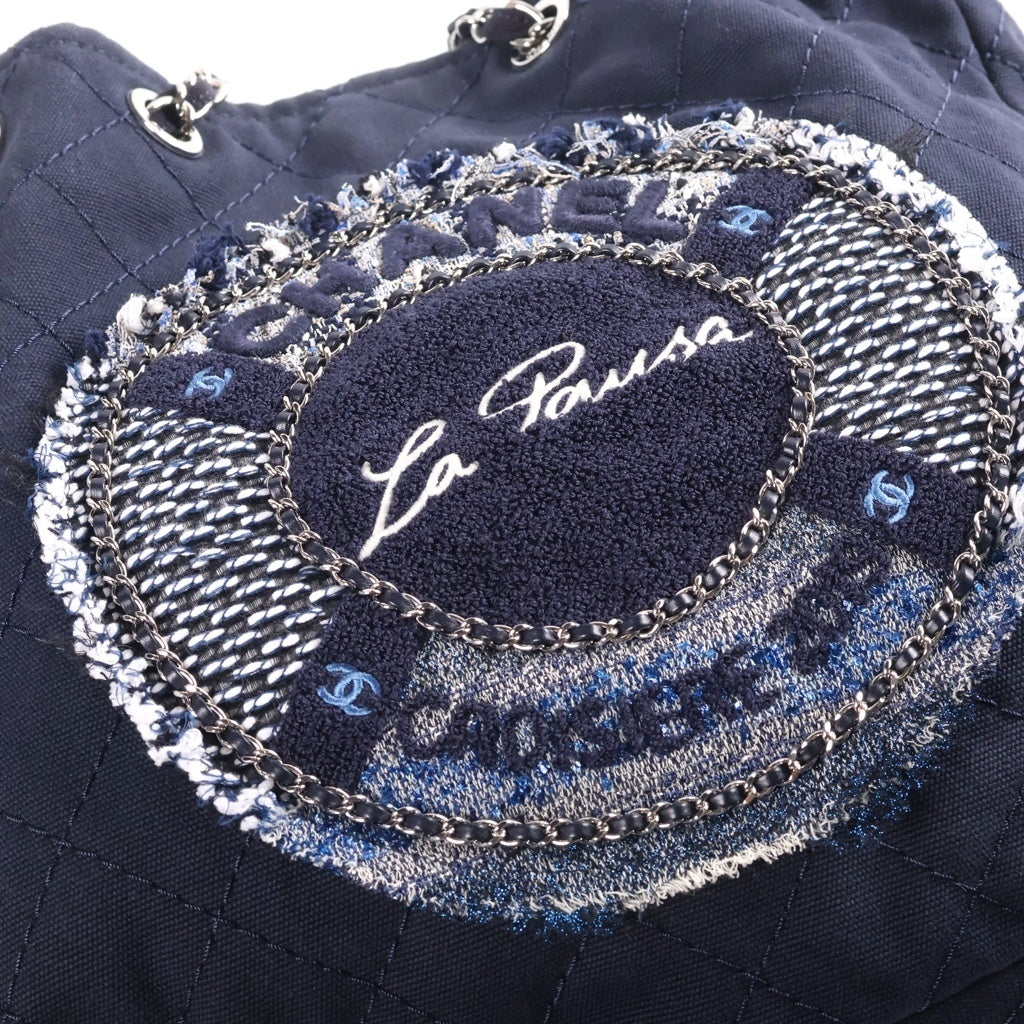 CHANEL(シャネル) 2019年クルーズコレクション ココマーク チェーン装飾 トート ショルダーバッグ キャンバス ネイビー 27番台 レディース