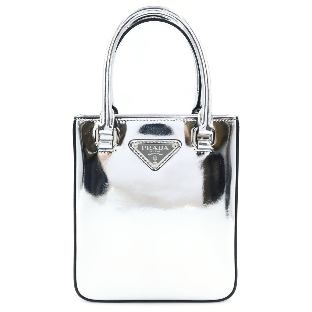 PRADA(プラダ) トライアングルロゴ 2WAYハンドバッグ ショルダーバッグ シルバー パテントレザー 1BA331 シルバー金具 レディース