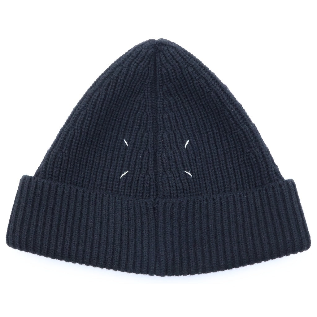 MM6 Maison Margiela(エムエムシックスメゾンマルジェラ) 24AW 4 Stitch KnitCap 四つタグ リブ編みニットキャップ ビーニー ニット帽 コットン ウール ブラック S50TC0051 レディース