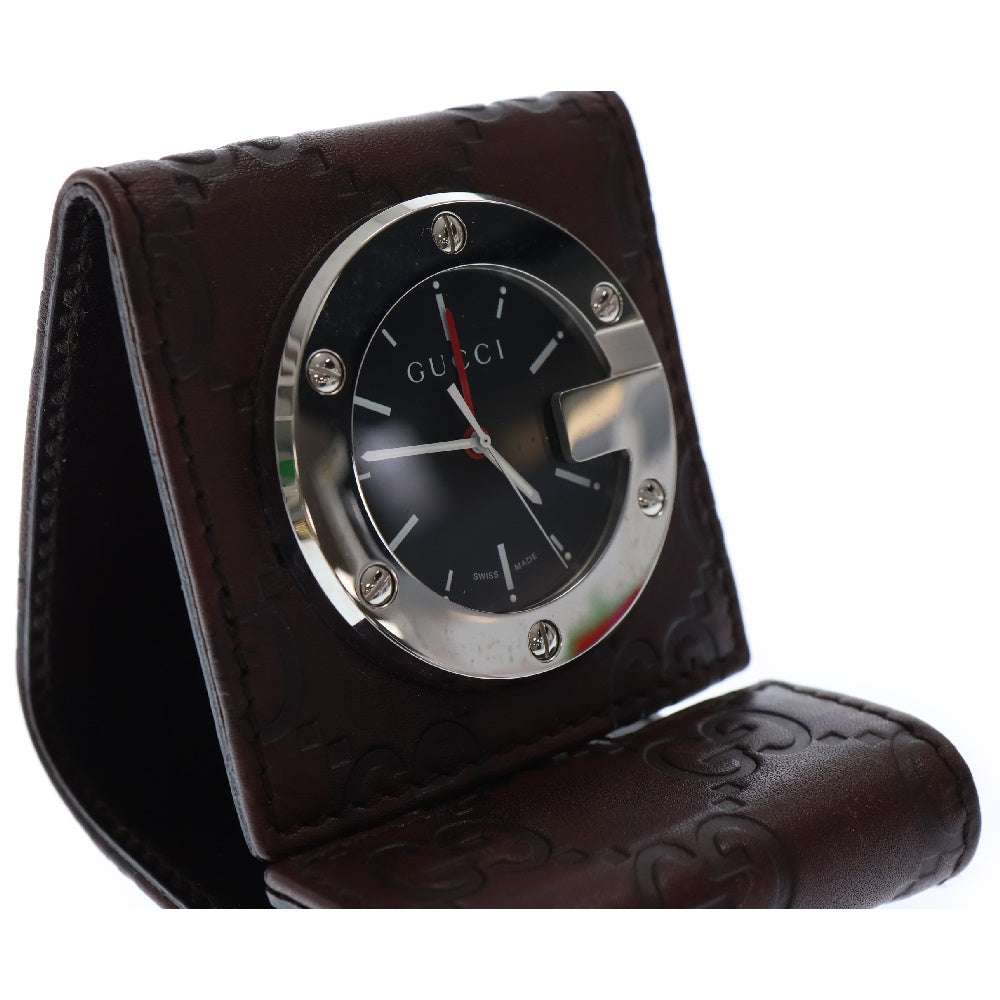 GUCCI(グッチ) 置き時計 トラベルウォッチ 黒文字盤 SS×レザー/QZ ステンレス クォーツ 200 グッチシマ ブラウン