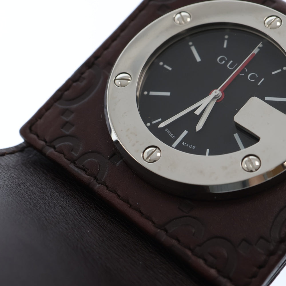 GUCCI(グッチ) 置き時計 トラベルウォッチ 黒文字盤 SS×レザー/QZ ステンレス クォーツ 200 グッチシマ ブラウン