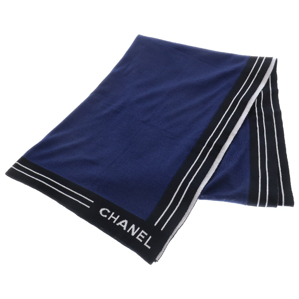 CHANEL(シャネル) ストール ロゴプリント ブルー×ブラック ウール×カシミヤ マフラー