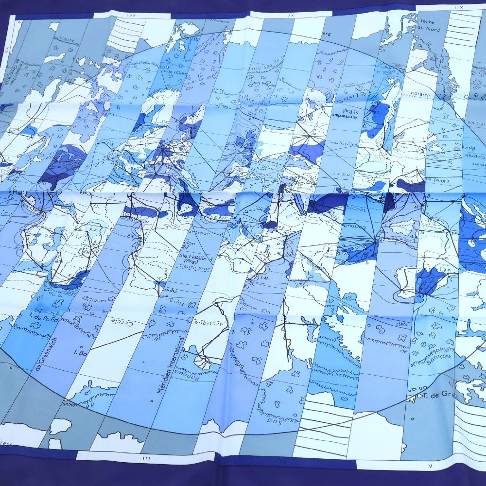 HERMES(エルメス) カレ90 LE MONDE EST VASTE ブルー×ネイビー シルク 世界地図 限定色