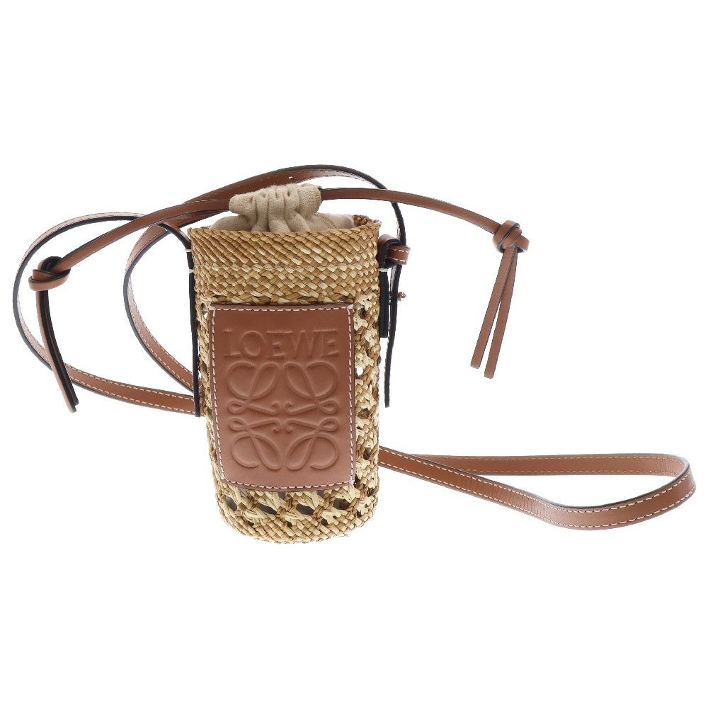 LOEWE(ロエベ) アナグラム ポシェット フォンショルダー ブラウン×ベージュ ラフィア×レザー 巾着バッグ ショルダーバッグ