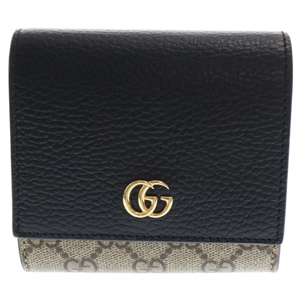GUCCI(グッチ) GGマーモント レザーコンパクトウォレット 二つ折り財布 ブラック×ベージュ 598537