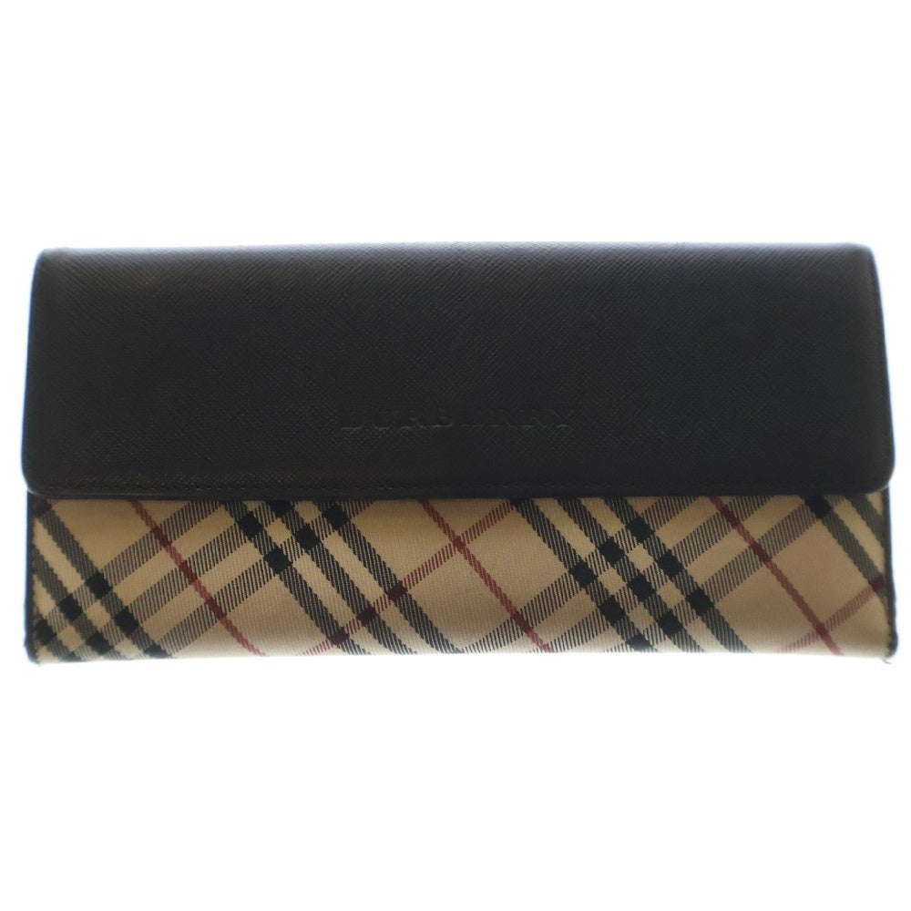 BURBERRY(バーバリー) ノバチェック 二つ折り長財布 レザー×キャンバス ブラック×ベージュ ウォレット