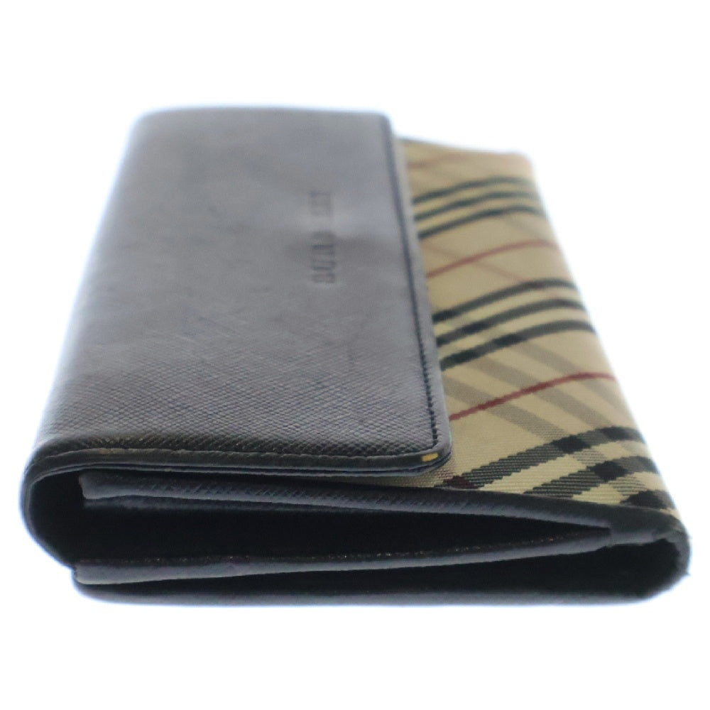 BURBERRY(バーバリー) ノバチェック 二つ折り長財布 レザー×キャンバス ブラック×ベージュ ウォレット