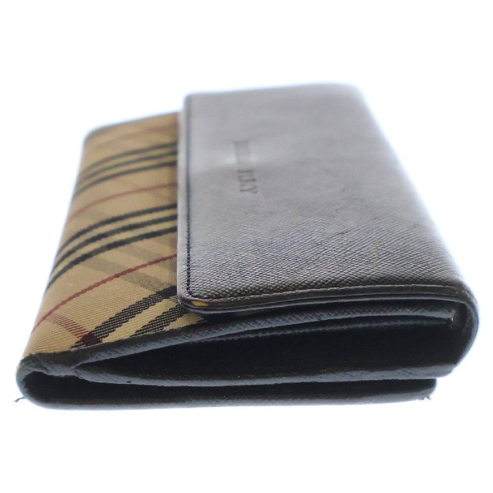 BURBERRY(バーバリー) ノバチェック 二つ折り長財布 レザー×キャンバス ブラック×ベージュ ウォレット