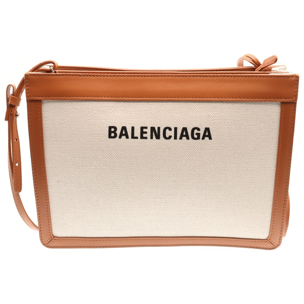 BALENCIAGA(バレンシアガ) ネイビーポシェット ロゴショルダーバッグ ホワイト×ブラウン 339937