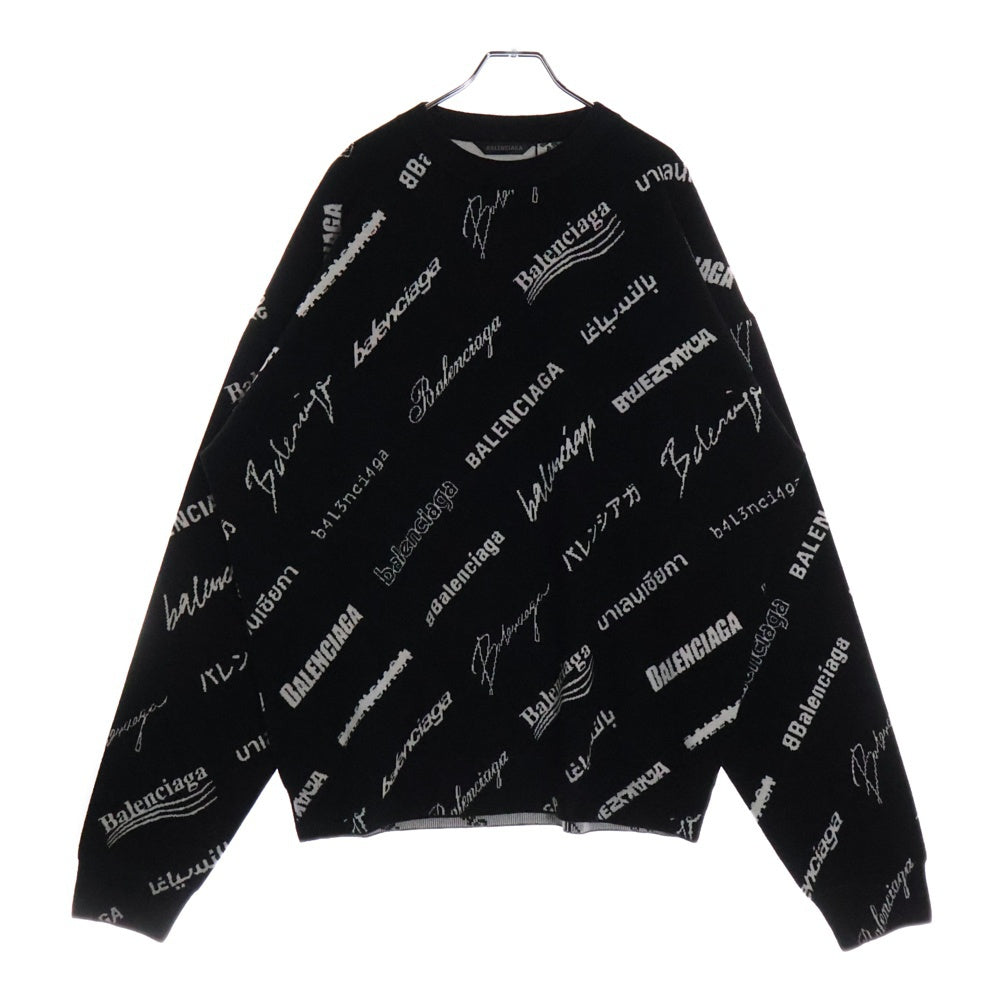 BALENCIAGA(バレンシアガ) Logomania All Over Sweater ロゴマニア ウール クルーネックニットセーター ブラック