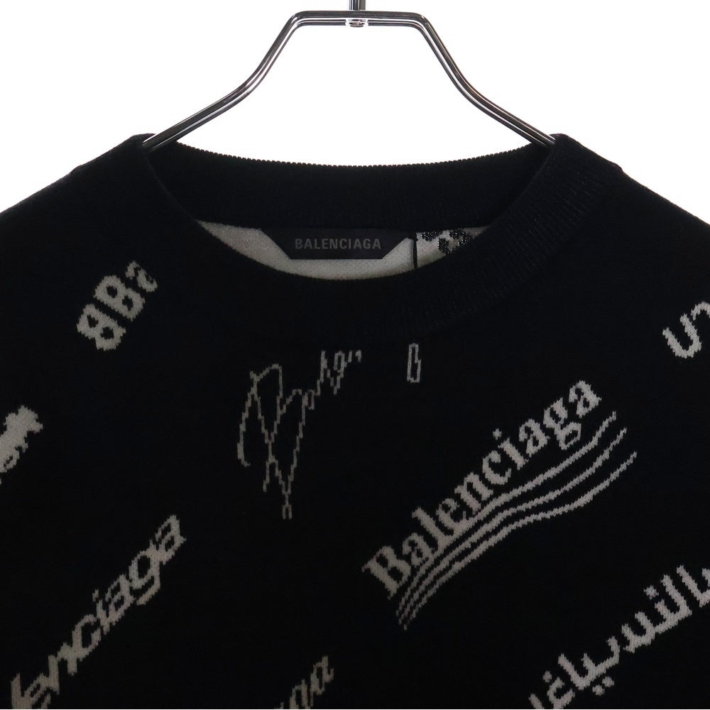 BALENCIAGA(バレンシアガ) Logomania All Over Sweater ロゴマニア ウール クルーネックニットセーター ブラック